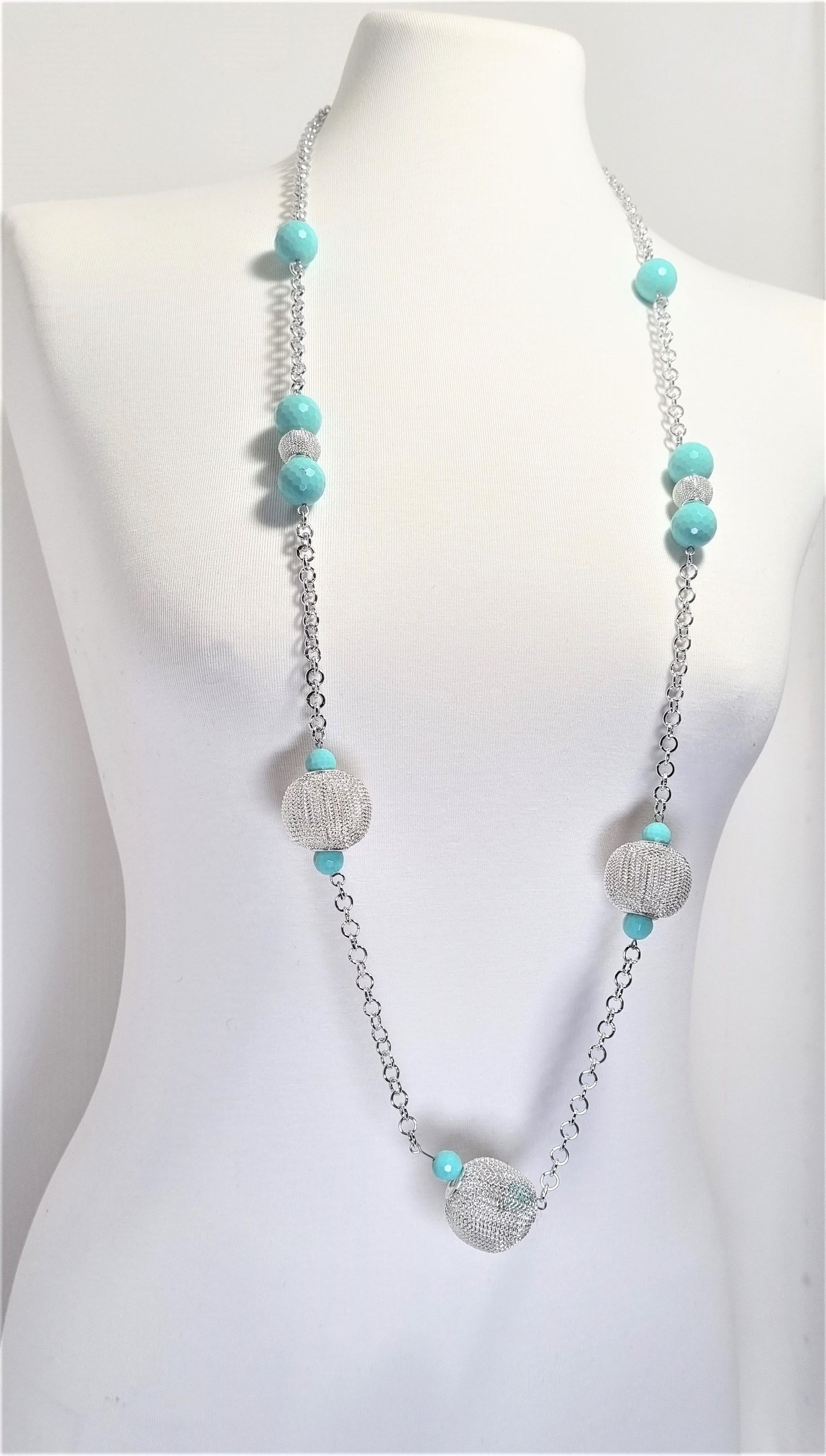 Collana ZELDA .090 boule rete metallo argentata e pietre finali turchese, maglie metallo.