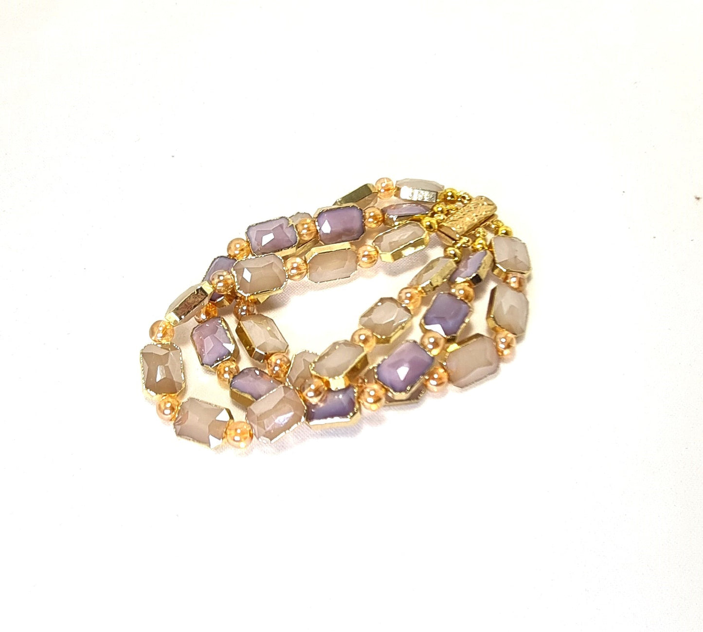 Bracciale I CRISTALLI .097 tre fili perle vetro sfaccettate, incastonate, perle rotonde, lavanda /champagne
