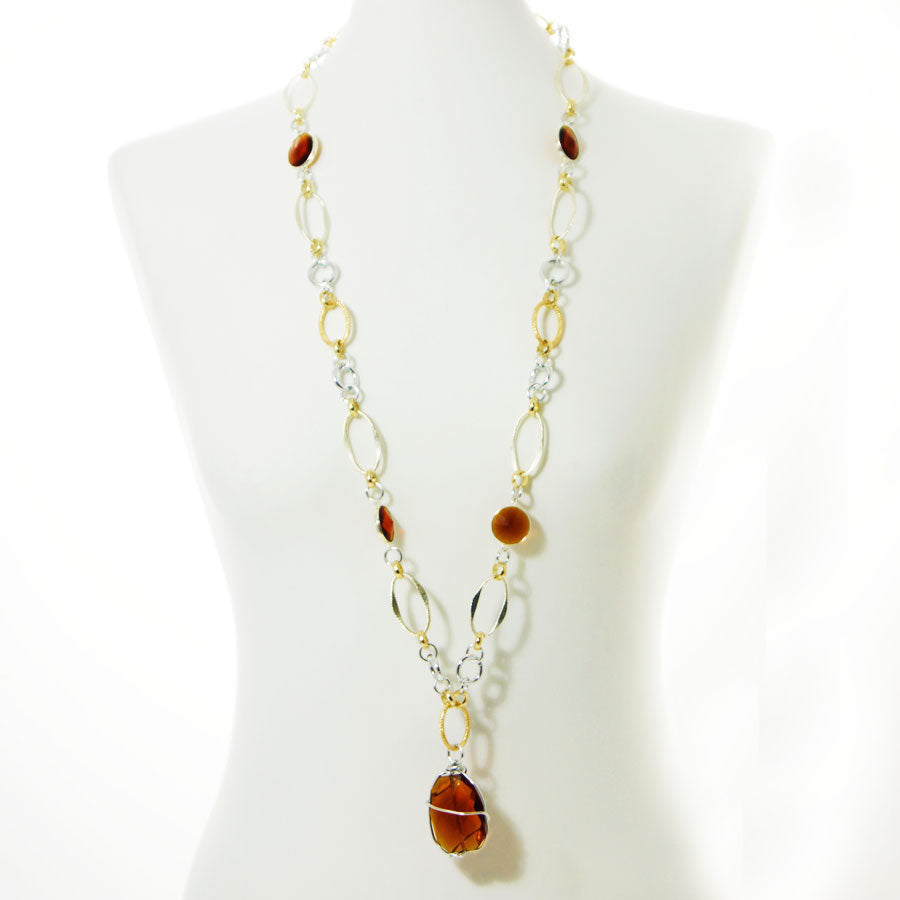 Collana GRACE i metalli .026 lunga maglie metallo dorato e argentato, cristalli.