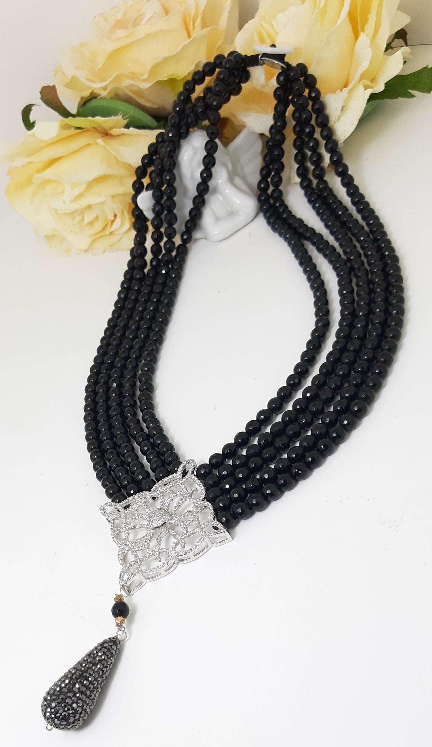 LUXURY collana .020 onici sfaccettati ciondolo goccia marcassite elemento acciaio e strass