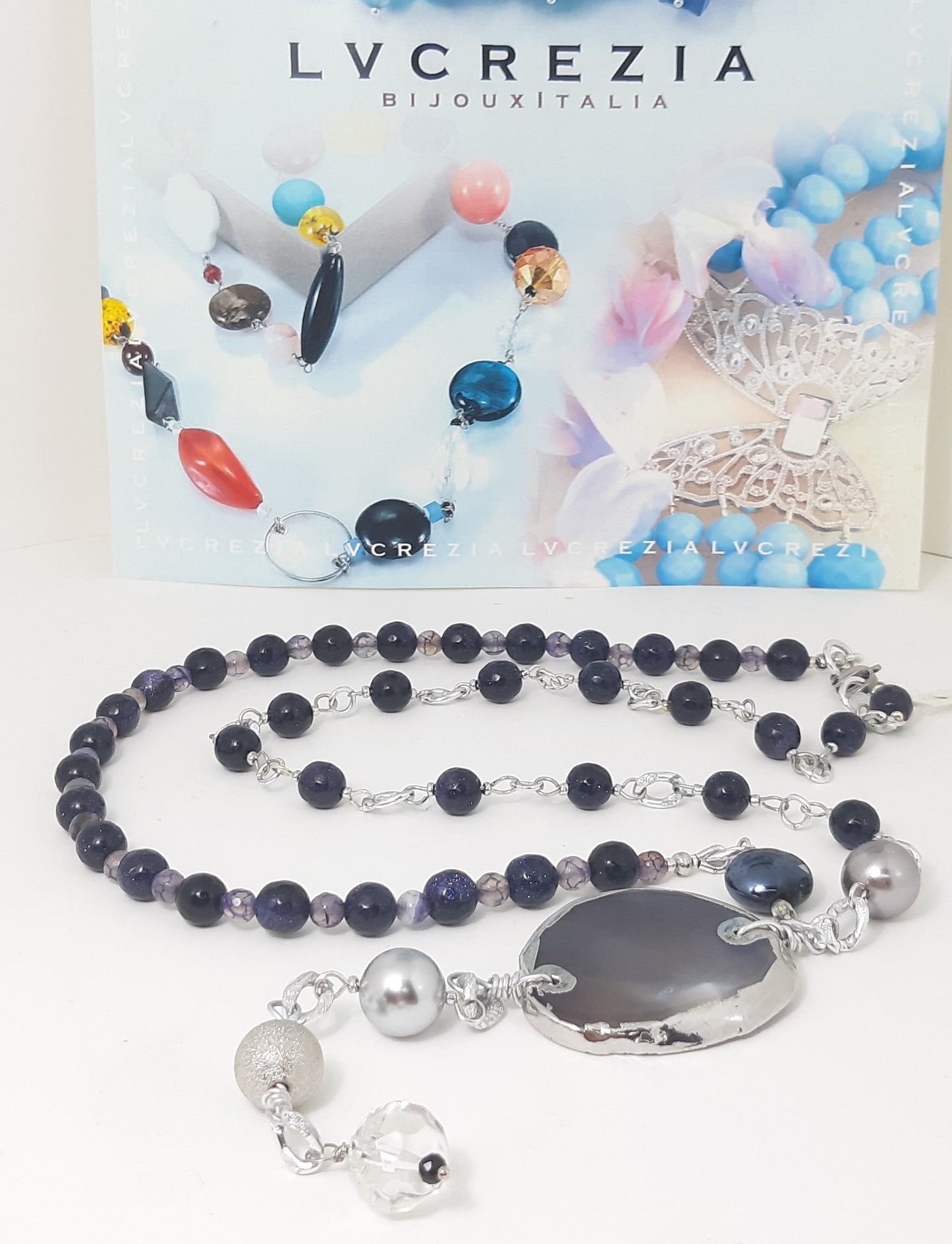 Collana LE PIETRE .069 pietra di luna, fluorite ciondolo grande quarzo irregolare incastonato