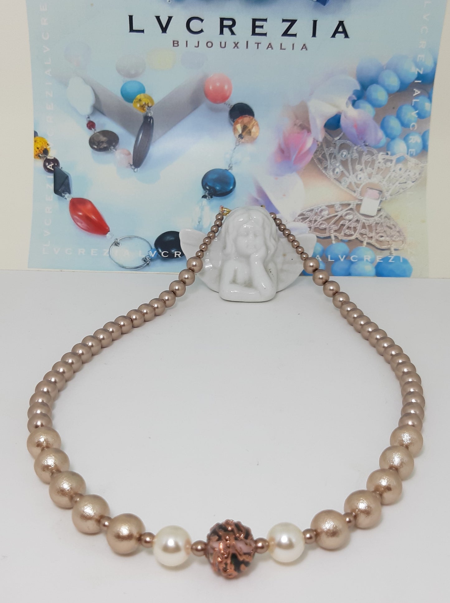 Collana LE PERLE .033 perla centrale cristallo ceck. perle carta e perle vetro cerate cocoa.