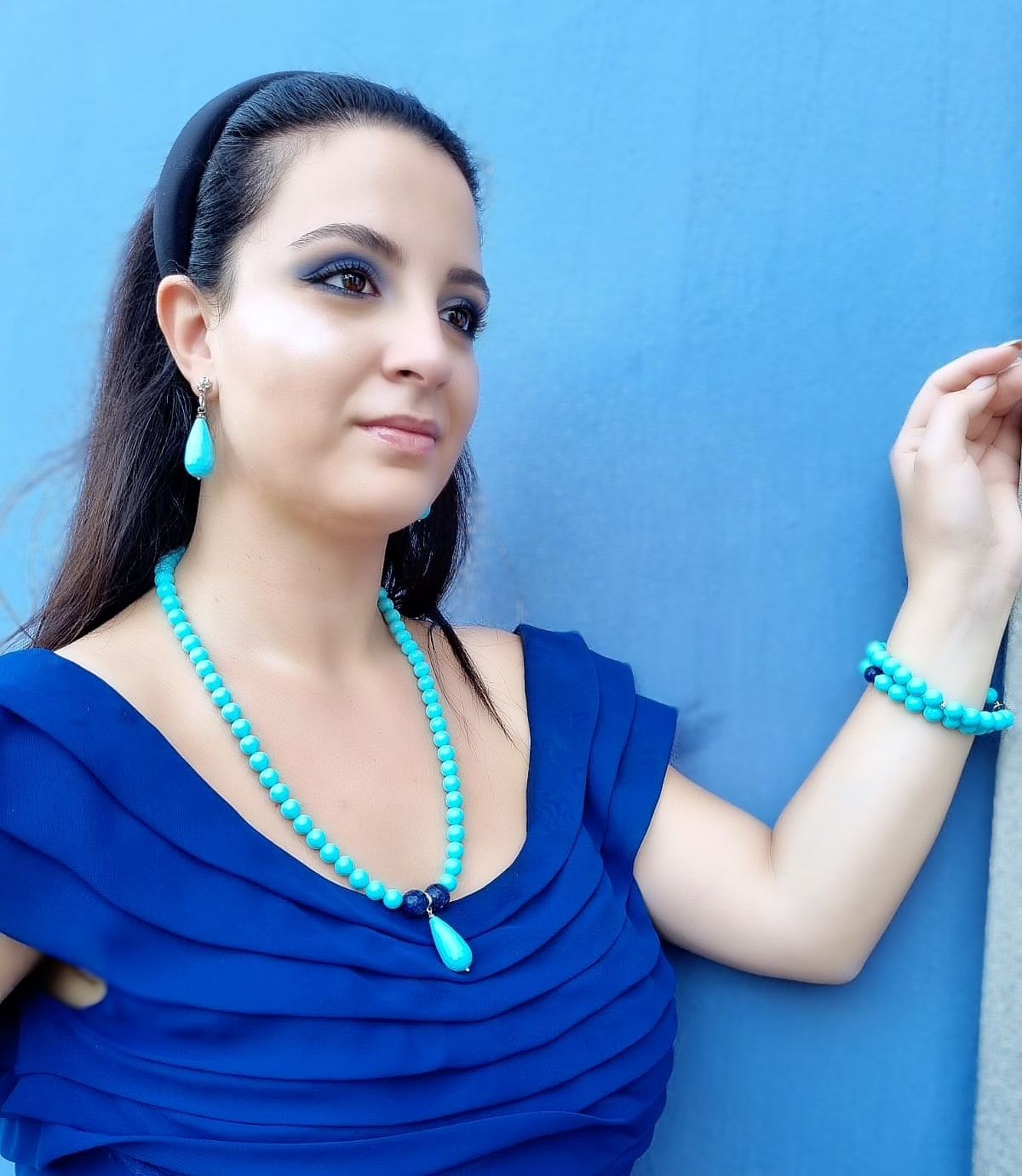 Collana LE PIETRE .076 perle turchese ciondolo goccia e 2 perle grandi lapislazzulo