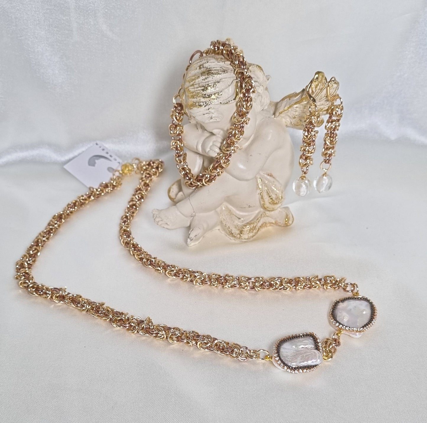 LUXURY orecchini .003 intreccio maglia bizantina e perla murano.