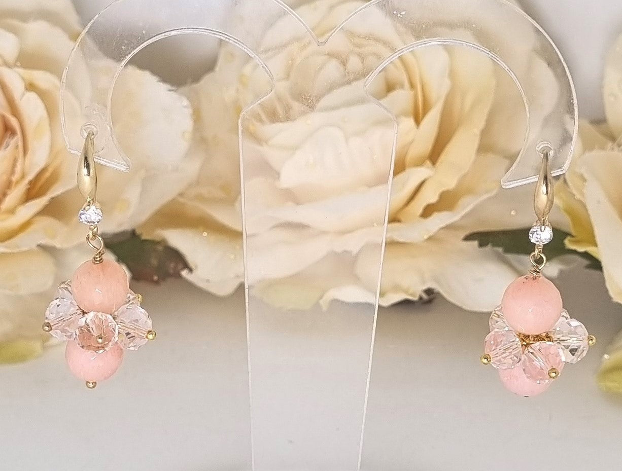 Orecchini I CRISTALLI .026 coroncina cristalli rosa con perle quarzo rosa.