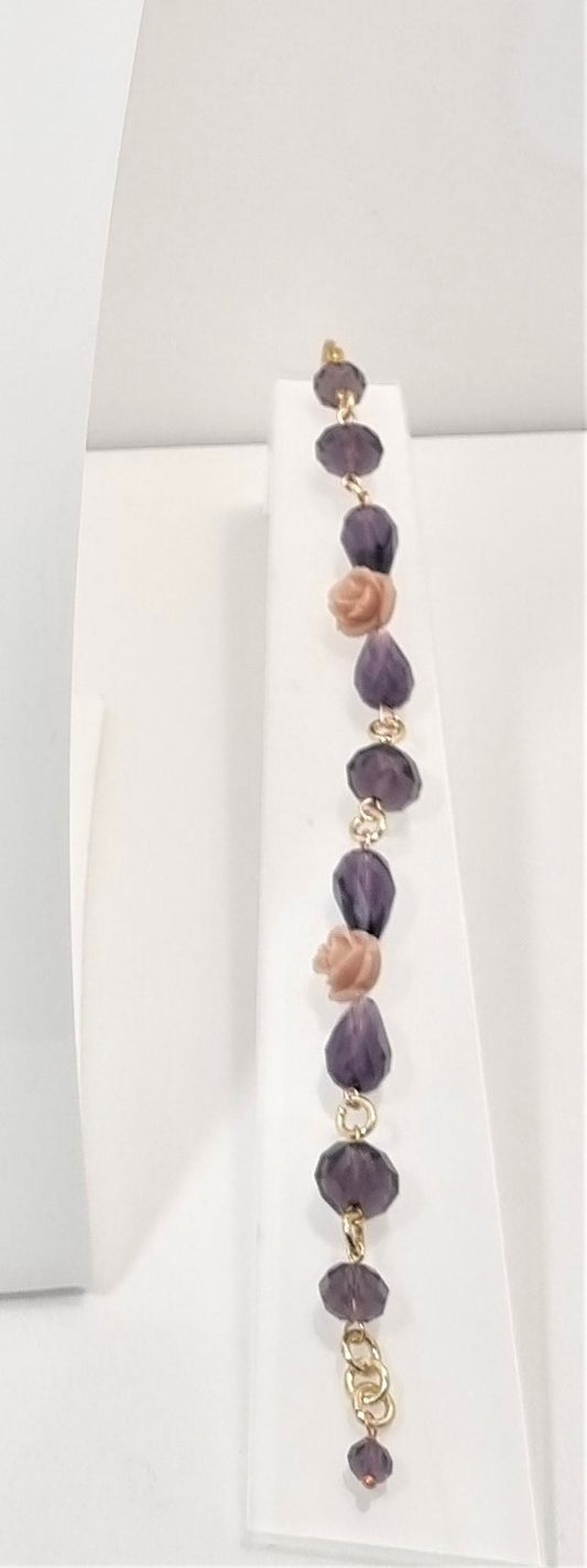 Bracciale LE ROSE .013 gocce e perle di cristalli viola e rose color cipria.
