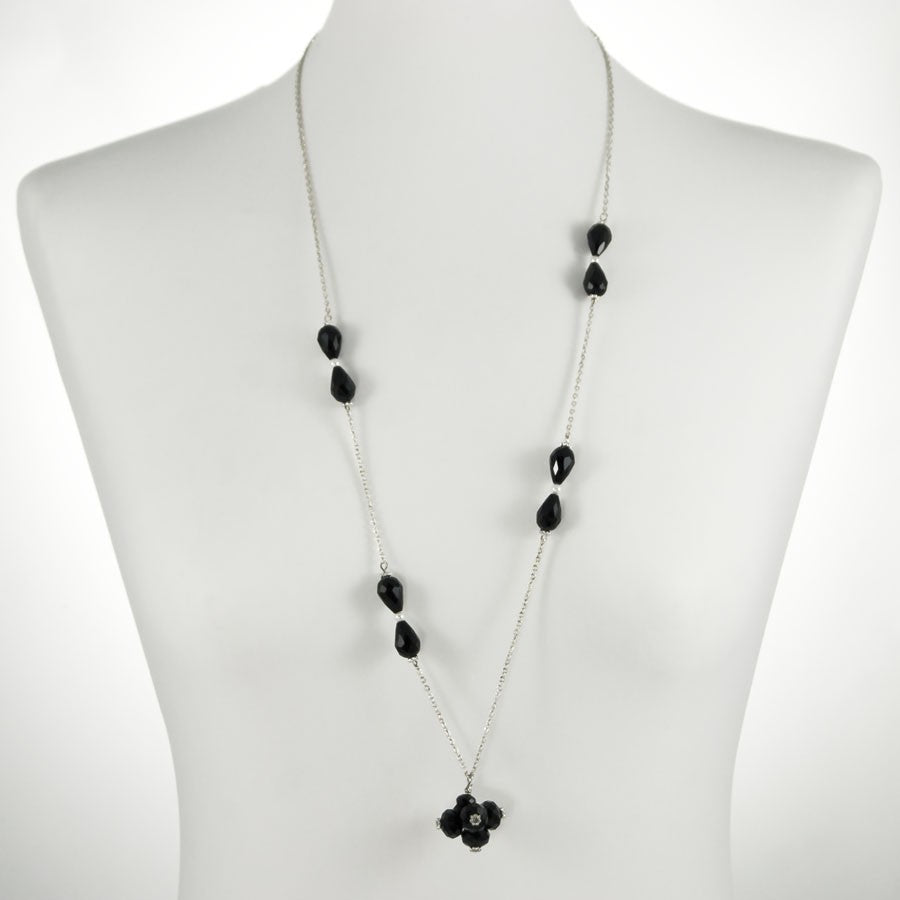 Collana LUCEOMBRA .010, lunga catena, gocce di cristallo e perline, ciondolo cristalli neri a grappolo