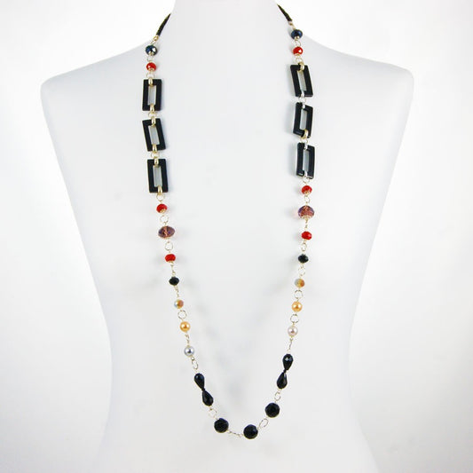 Collana I CRISTALLI .010  maglie metallo acciaio: resine, cristalli, perle e onice.