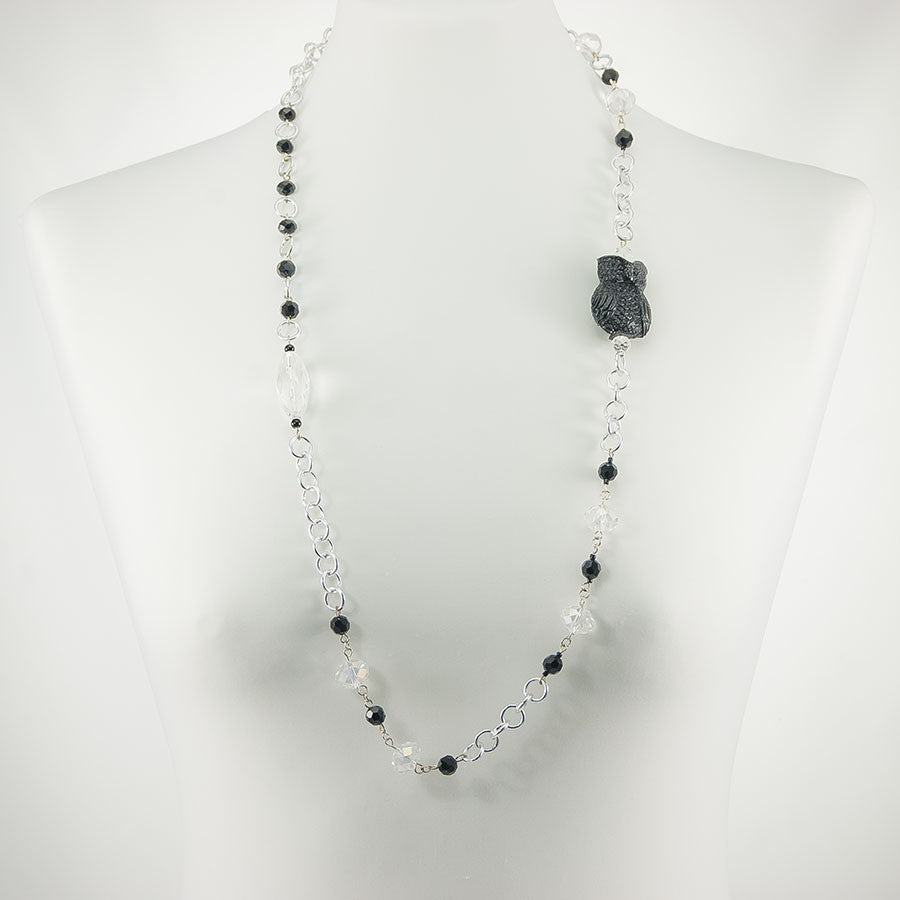 Collana HERMIONE Le Ragazze .008, cristalli e maglie di metallo, gufetto nero in resina.