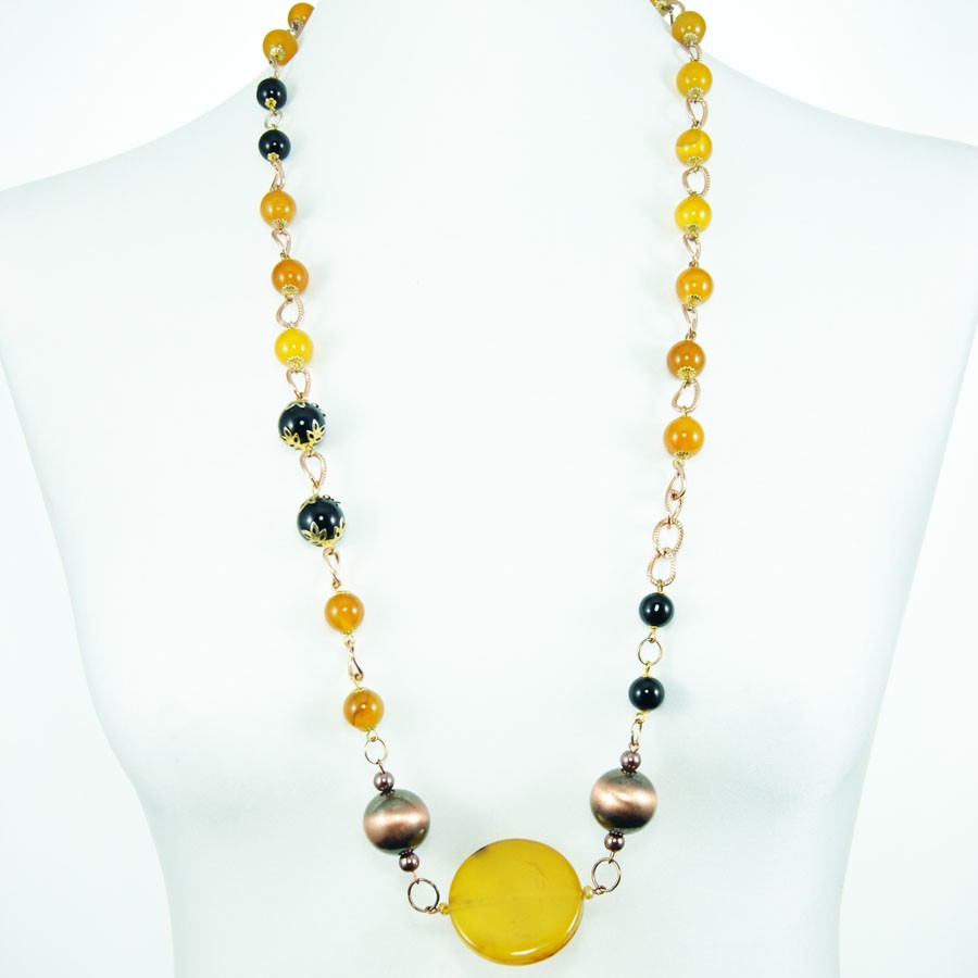 Collana LE PIETRE .009, lungo filo pietre dure naturali, onici calcite ambra.