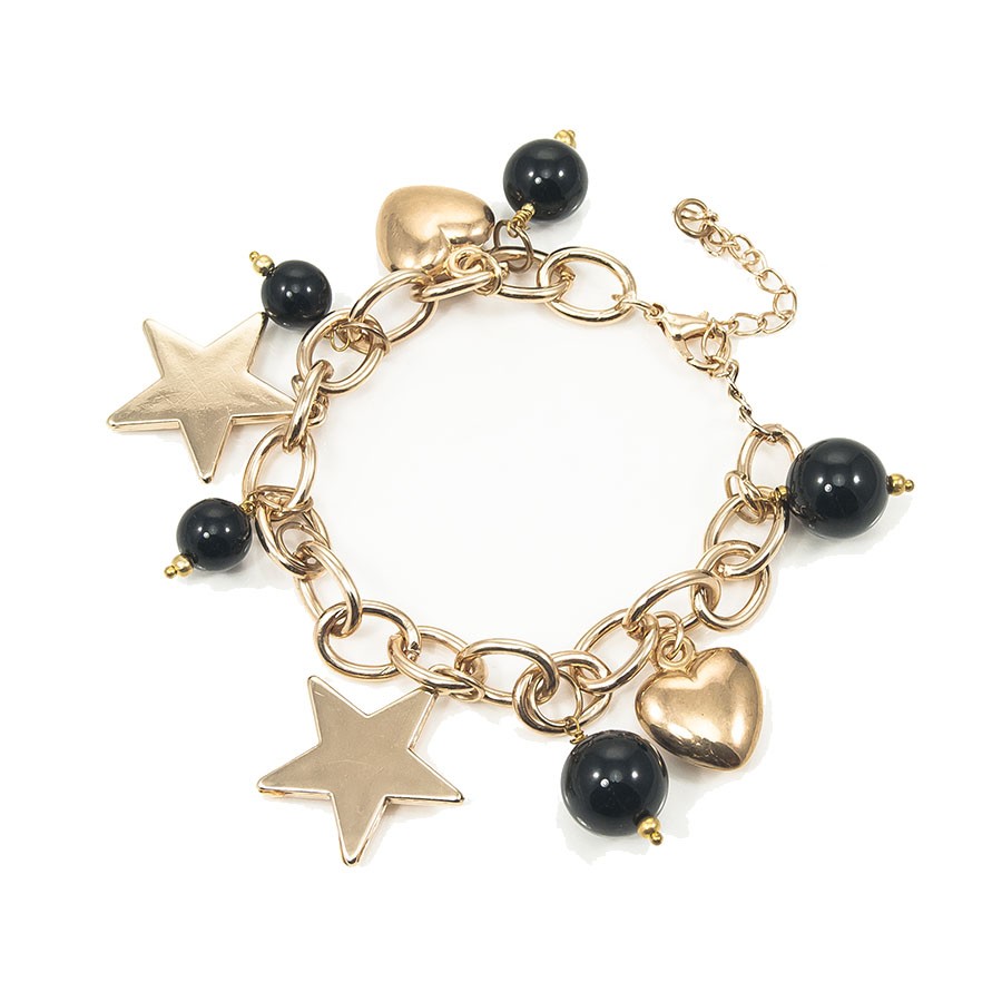 Bracciale GRACE i metalli .005 maglia dorata con ciondoli di perle di onice cuori e stelle