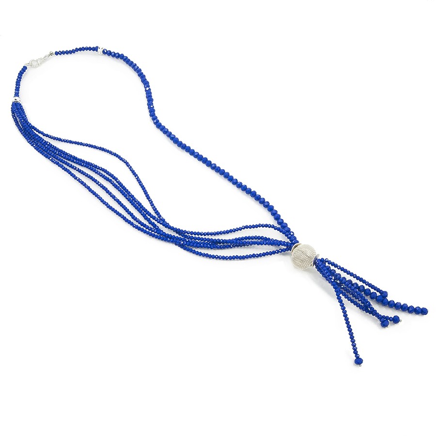 Collana I CRISTALLI .036, cinque fili cristalli blu, lunga ciondolo e metallo.