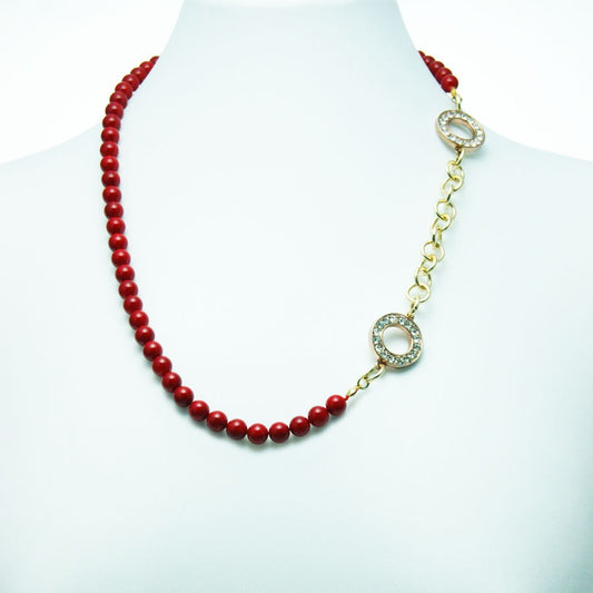 Collana I ROSSI .004, perle agata rossa con  metallo strass e maglie dorate.