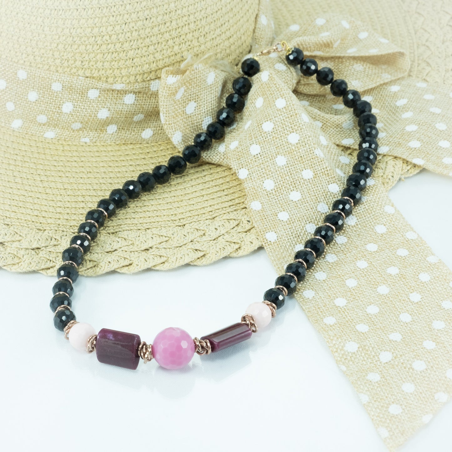 Collana LE PIETRE .017 onice sfaccettato e perle diaspro,quarzo rosa e rodonite.