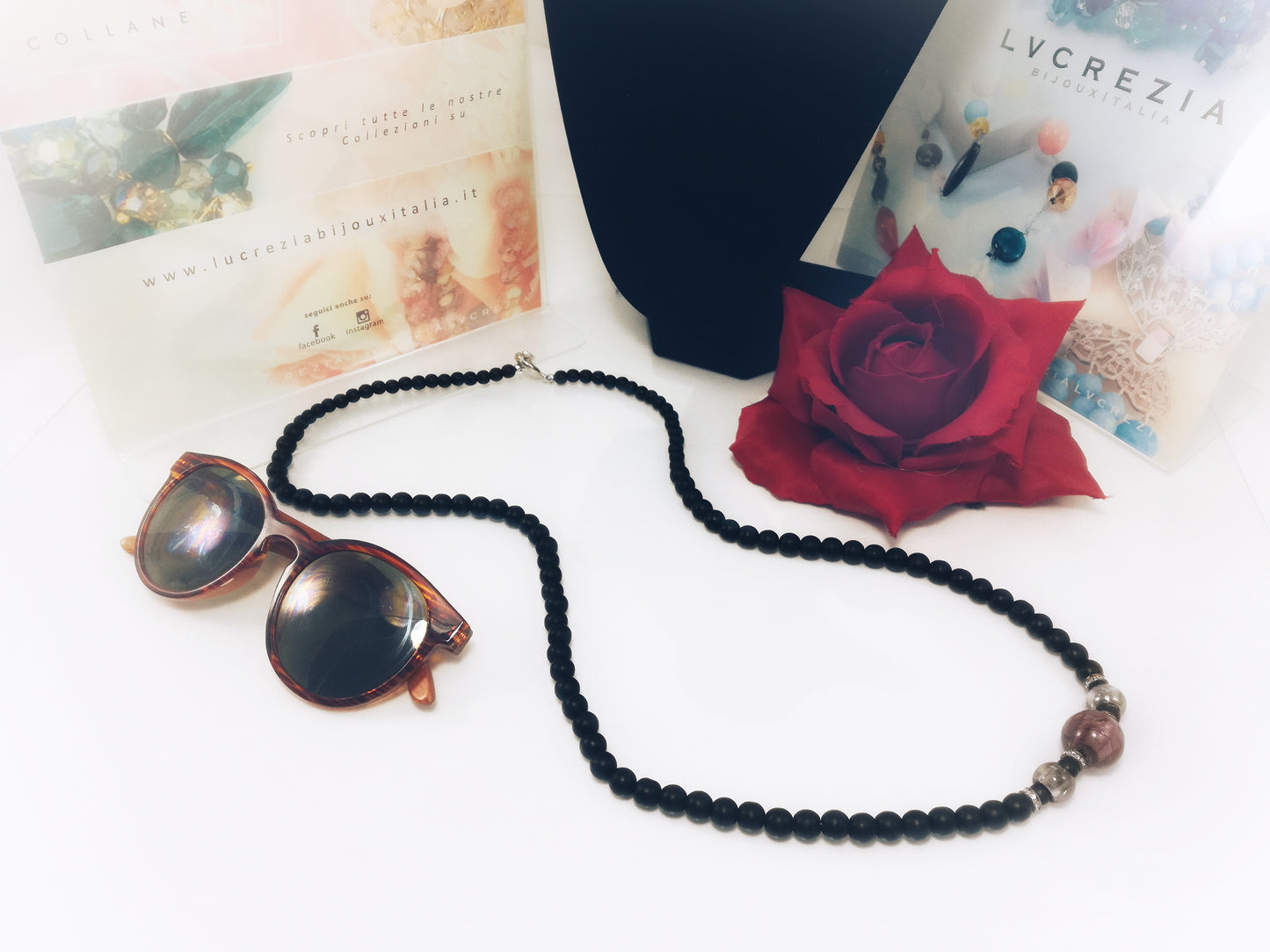 Collana ZELDA .035 filo perle in pasta di onice, elemento laterale perle murrina.