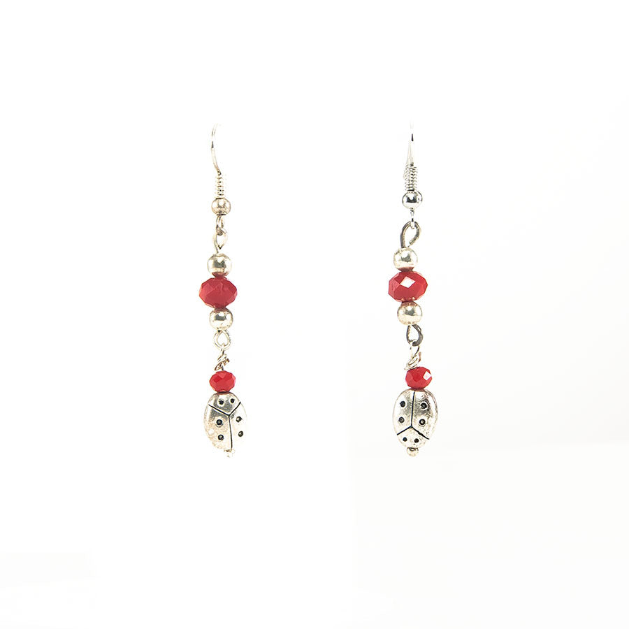 Orecchini HERMIONE Le Ragazze .005.e, perline cristallo rosse e coccinella metallo.