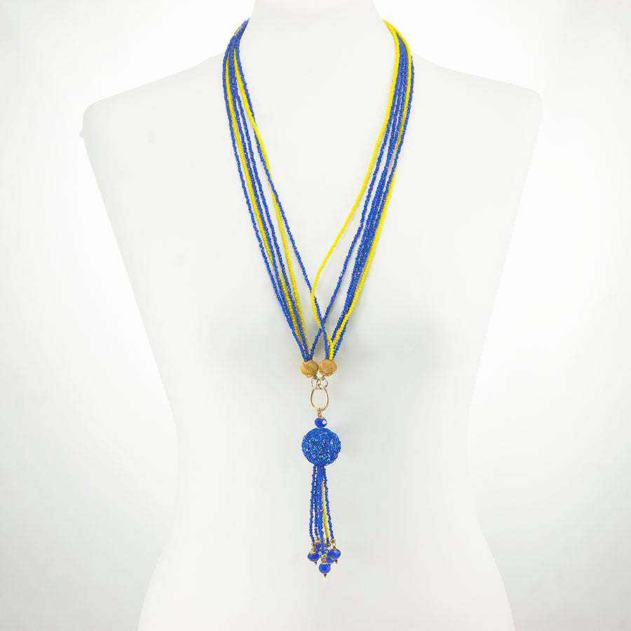 Collana SOPHIA i colori .024 cristalli gialli e blu elettrico con ciondolo perla metallo intrecciato blu.