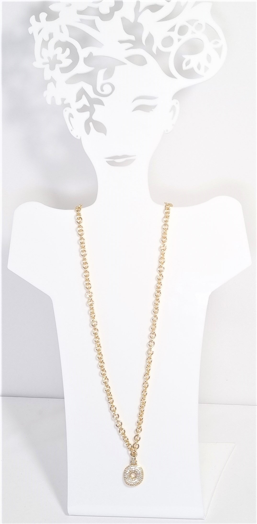Collana GRACE i metalli .033 lunga maglie metallo dorato ciondolo dorato e strass lettera O