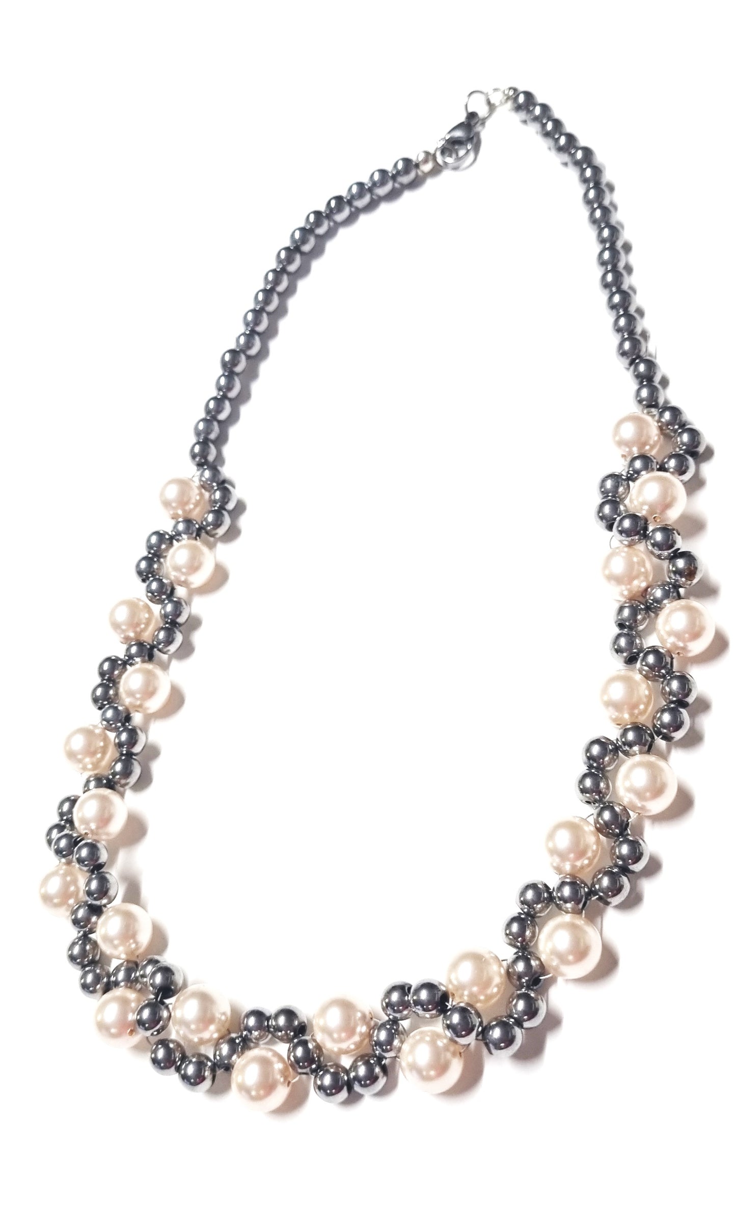Bracciale LE PERLE .057 perline grigio lucido ematite, montate a spirale con perle cristallo
