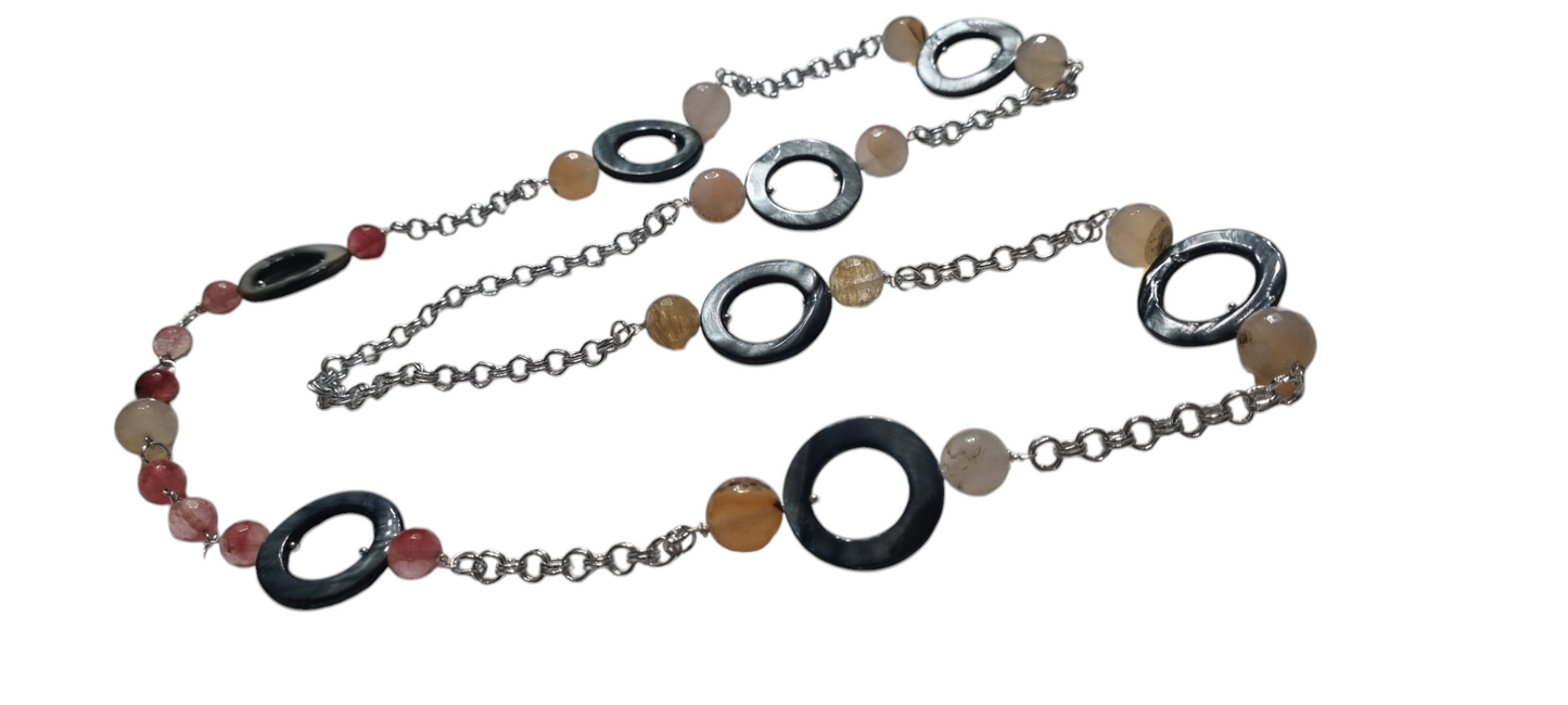 Collana LE PIETRE .029 Anelli madreperla perle sfaccettate pietra naturale e metallo