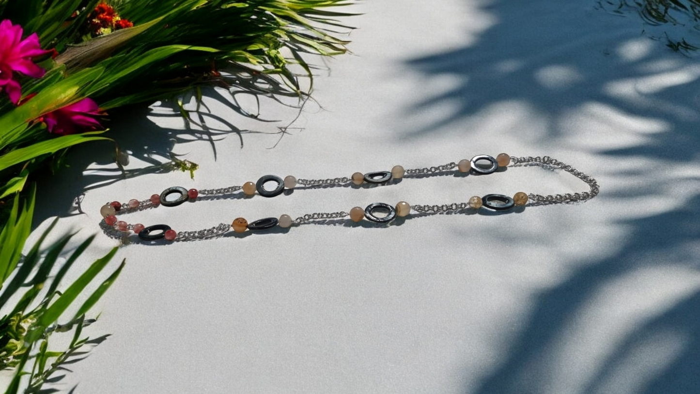 Collana LE PIETRE .029 Anelli madreperla perle sfaccettate pietra naturale e metallo