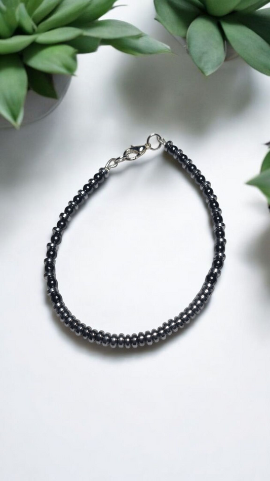 Bracciale UOMO .009 sottile filo di perline piccoli onici e acciaio