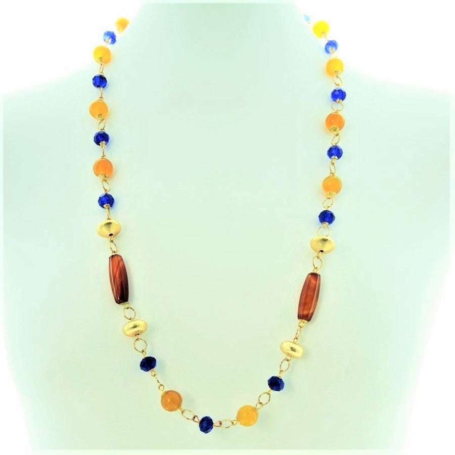 Collana LE PIETRE .008,  perle e botticelle in ambra e diaspro, cristalli blu.