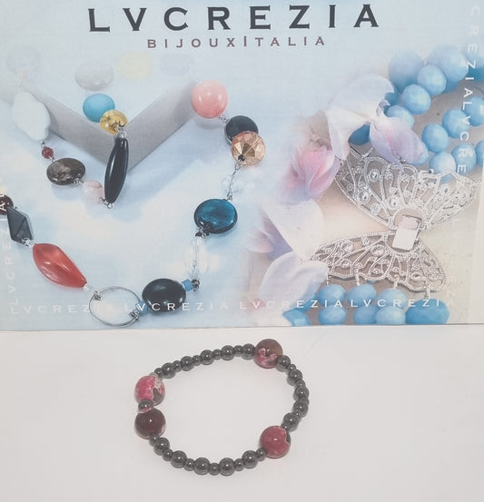 Bracciale I NERI .015 perle quarzo rosa, fucsia e nero, perline hematite.