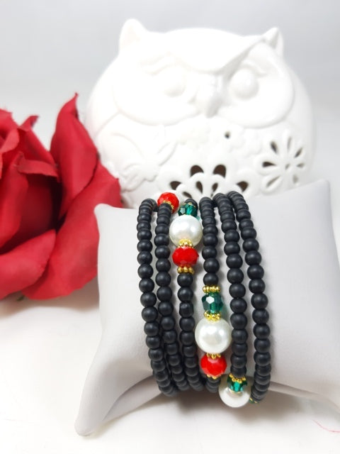 Bracciale I NERI .020 spirale perle nere, perle finali e cristalli colorati