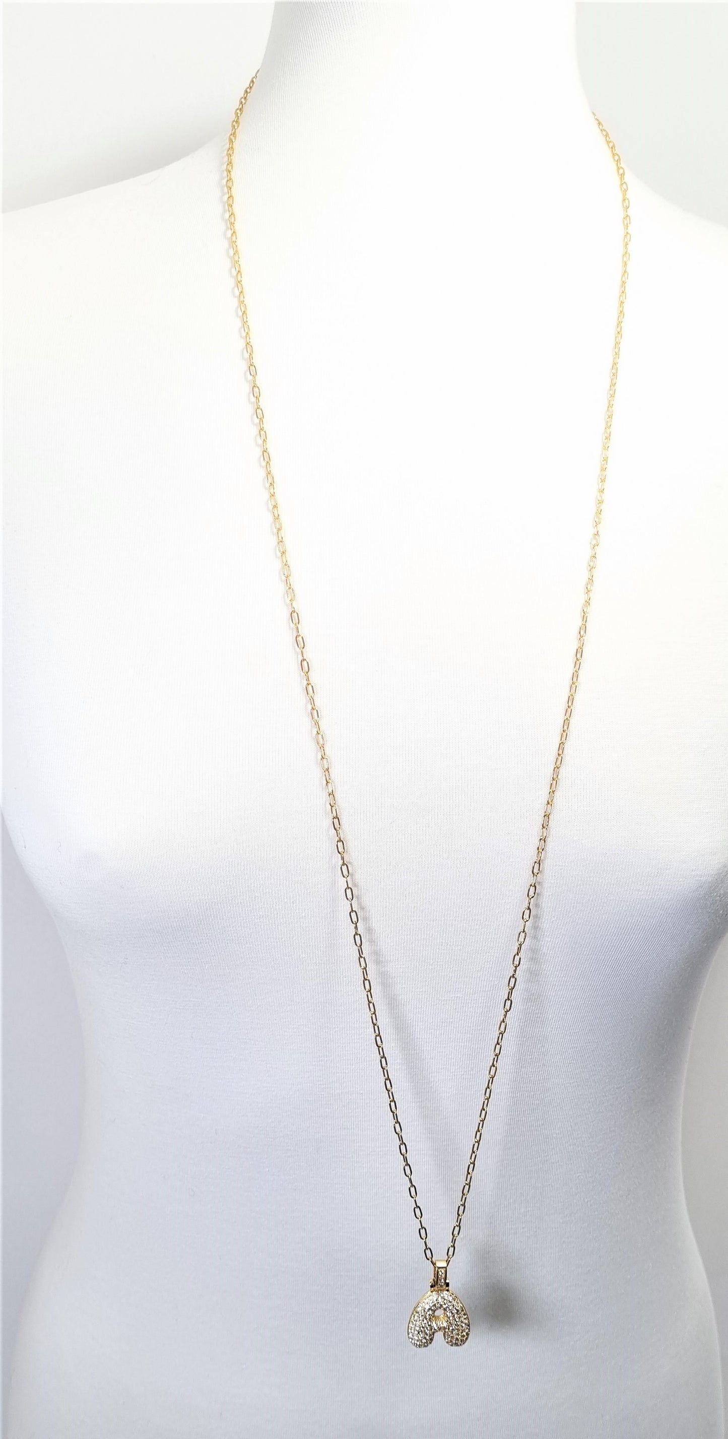 Collana GRACE i metalli .030 lunga maglie metallo dorato ciondolo dorato e strass lettera A
