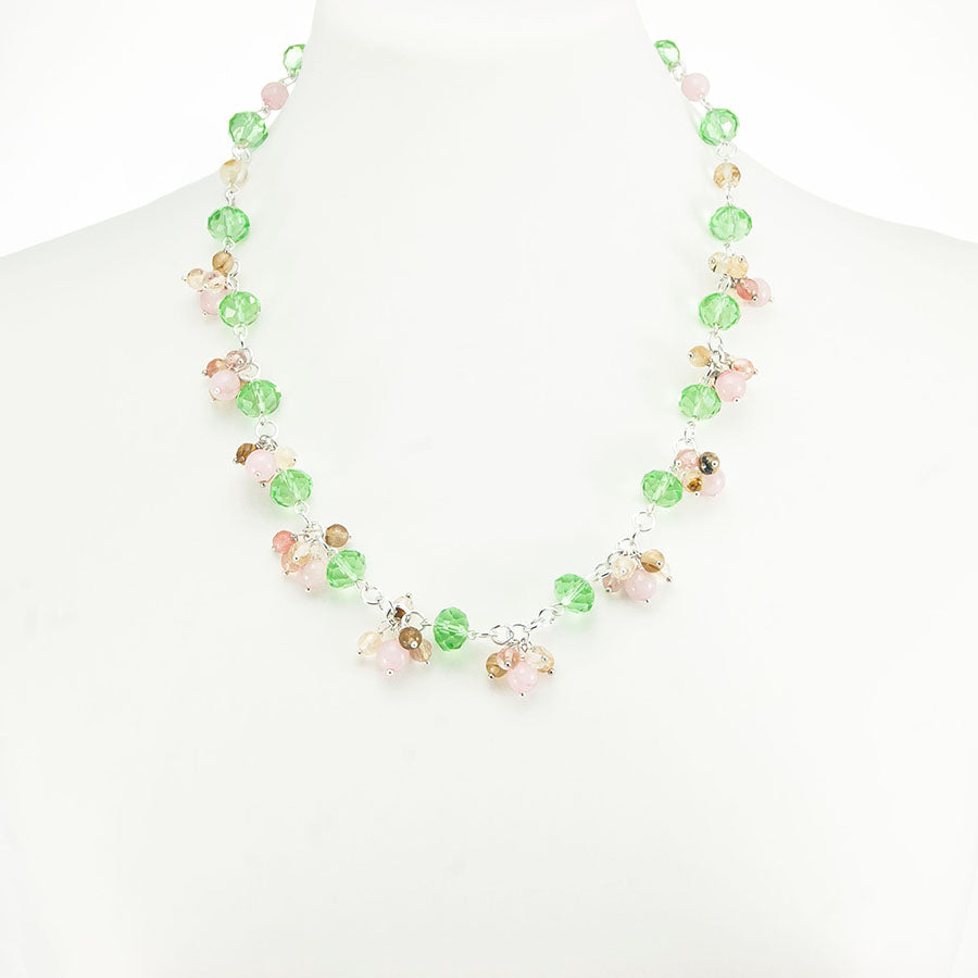 Collana I CRISTALLI .054 cristalli verdi con ciondolini quarzo bianco e rosa.