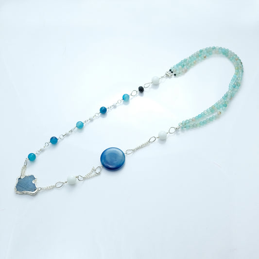 Collana LE PIETRE .012 agata blu, bianca, amazzonite incorniciata, quarzo azzurro.