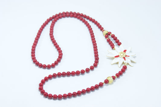 Collana I ROSSI .030 lunga, perle rosse, elementi cristallo murrina, elemento metallo fiore smaltato