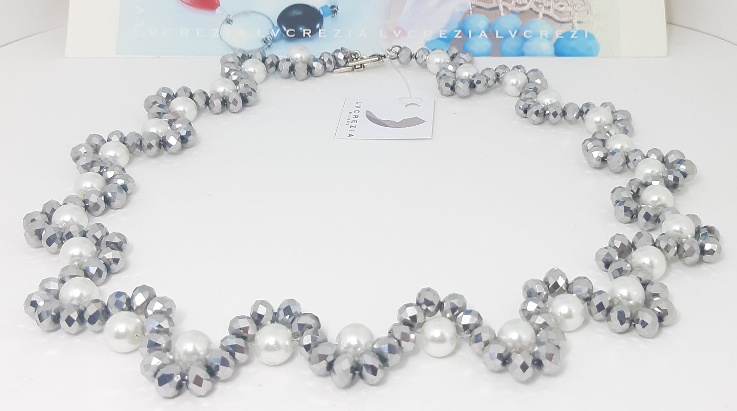 Collana ZELDA .045 girocollo cristalli argento spirale di perle.
