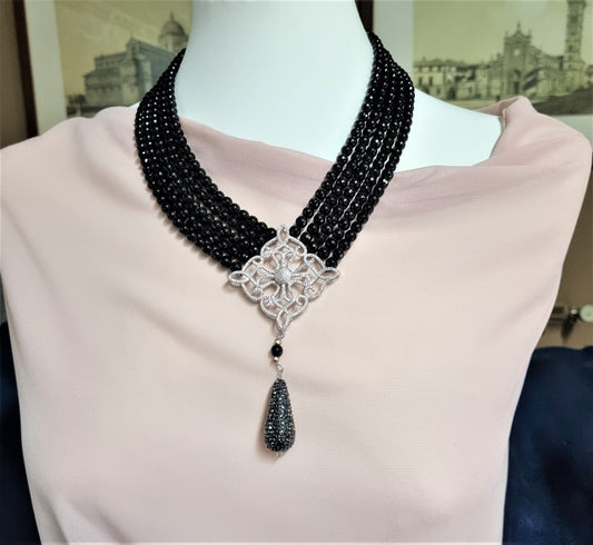 LUXURY collana .020 onici sfaccettati ciondolo goccia marcassite elemento acciaio e strass