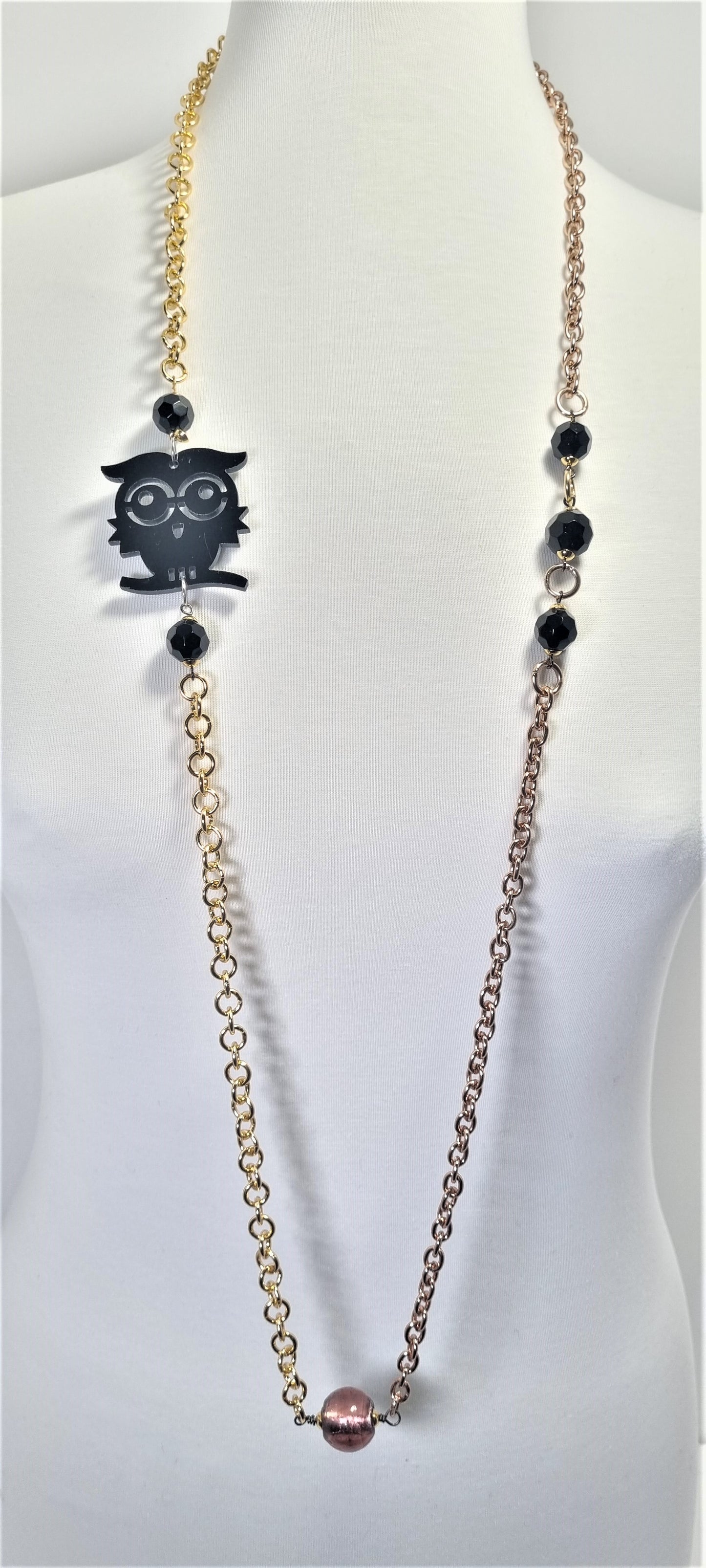 Collana ZELDA gli originali .089, lunga, maglie metallo dorato, onice sfaccettato e murrina e gufetto.