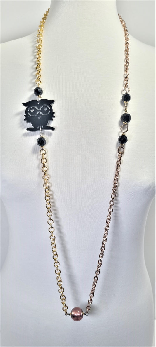 Collana ZELDA gli originali .089, lunga, maglie metallo dorato, onice sfaccettato e murrina e gufetto.