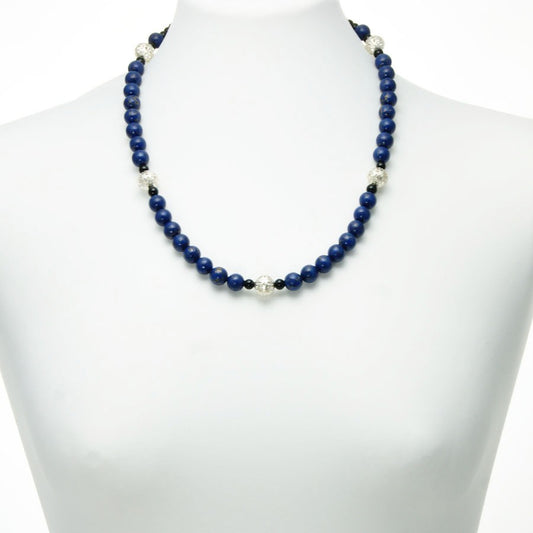 Collana LE PIETRE .021,  perle in pasta di lapislazzulo, metallo forato e perle onice.