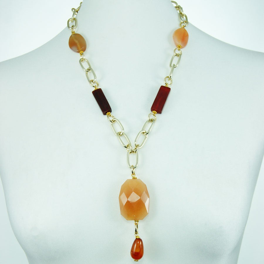 Collana LE PIETRE .014, pietre ambra e quarzo rosa e dispro e maglie metallo dorato.