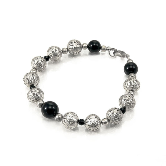 Bracciale LUCE OMBRA .006 metallo traforato, perle onice,