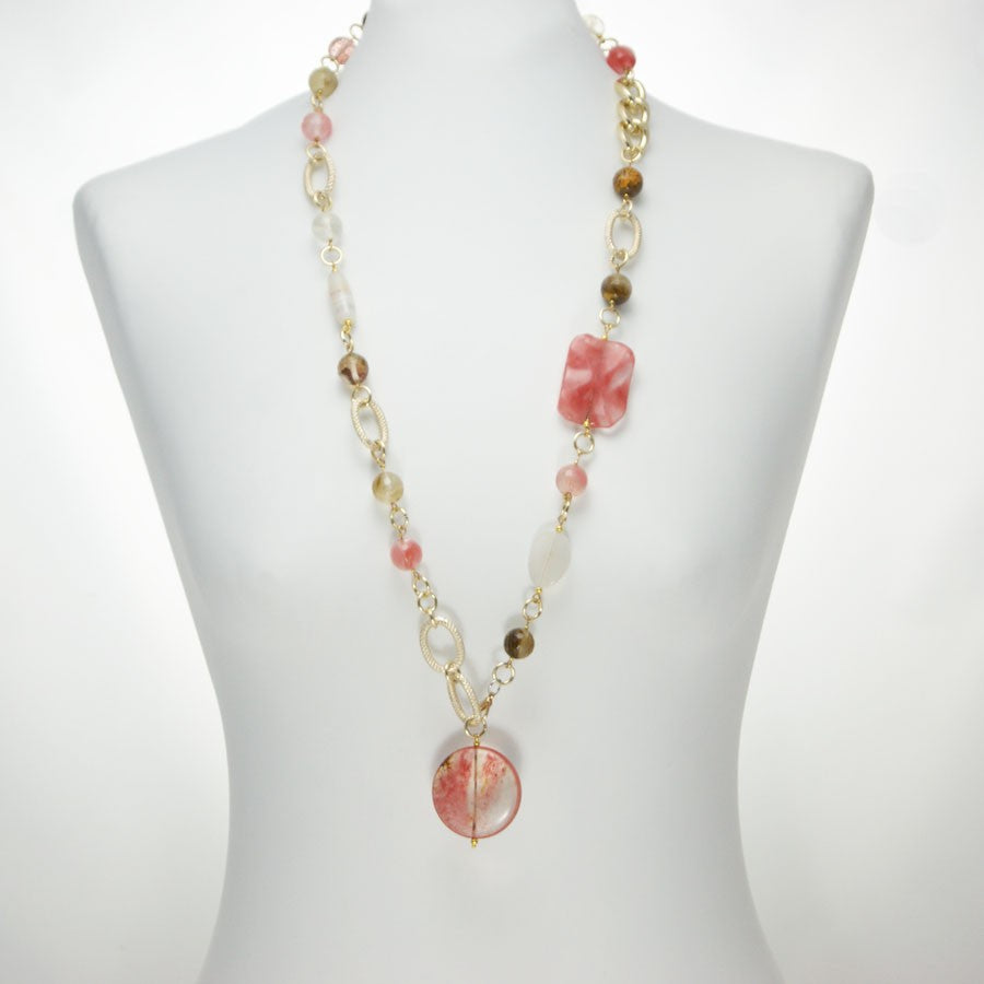Collana LE PIETRE .004, quarzo rosa variegato pietre dure multicolori, e maglie dorate.