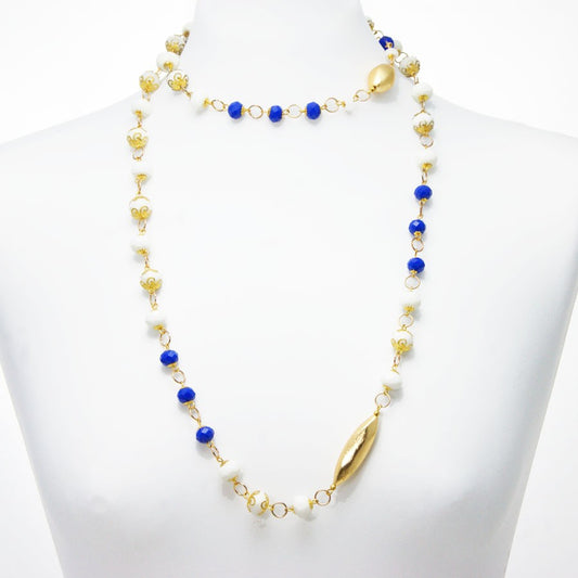Collana SOPHIA i colori .007 cristalli bianchi e blu montati con elementi metallici e resina.
