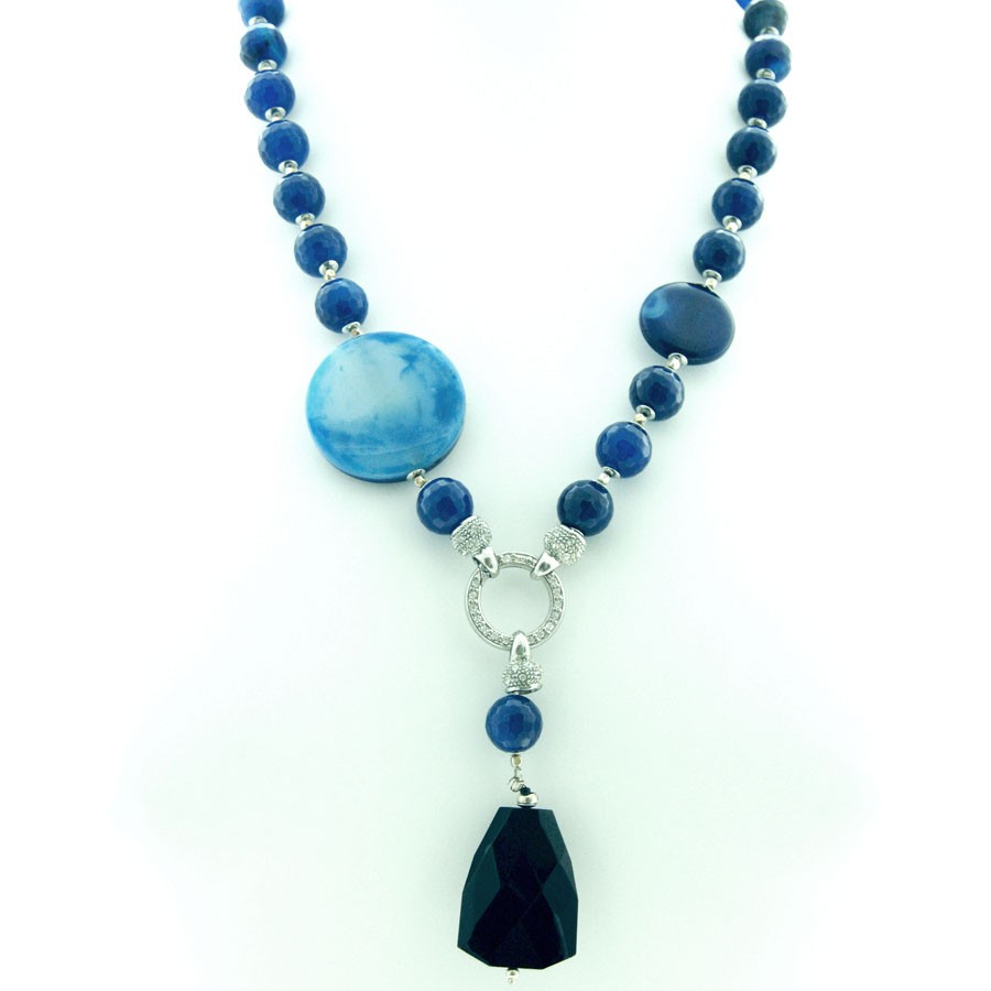 LUXURY collana .007 perle e tondi  in agata blu e pendente in cristallo SW.