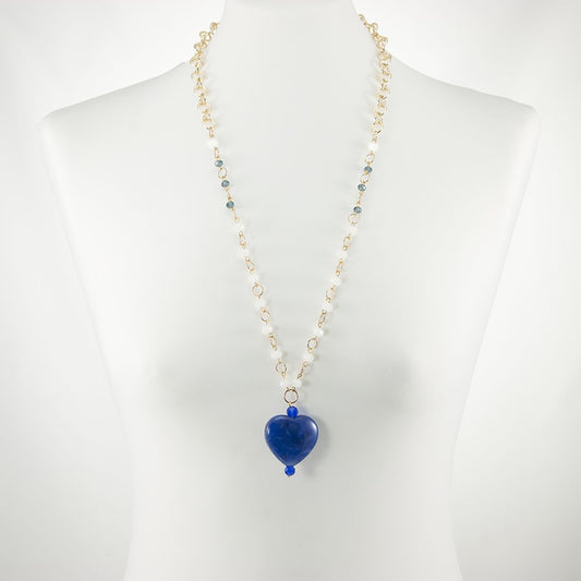 Collana AMORE .013, cristallo,  metallo dorato cuore resina blu