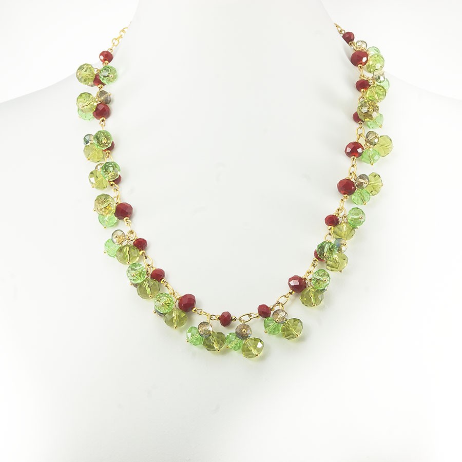 Collana I CRISTALLI .023, un giro di mezzi cristalli rossi con ciondolini di cristalli verdI e maglie dorate
