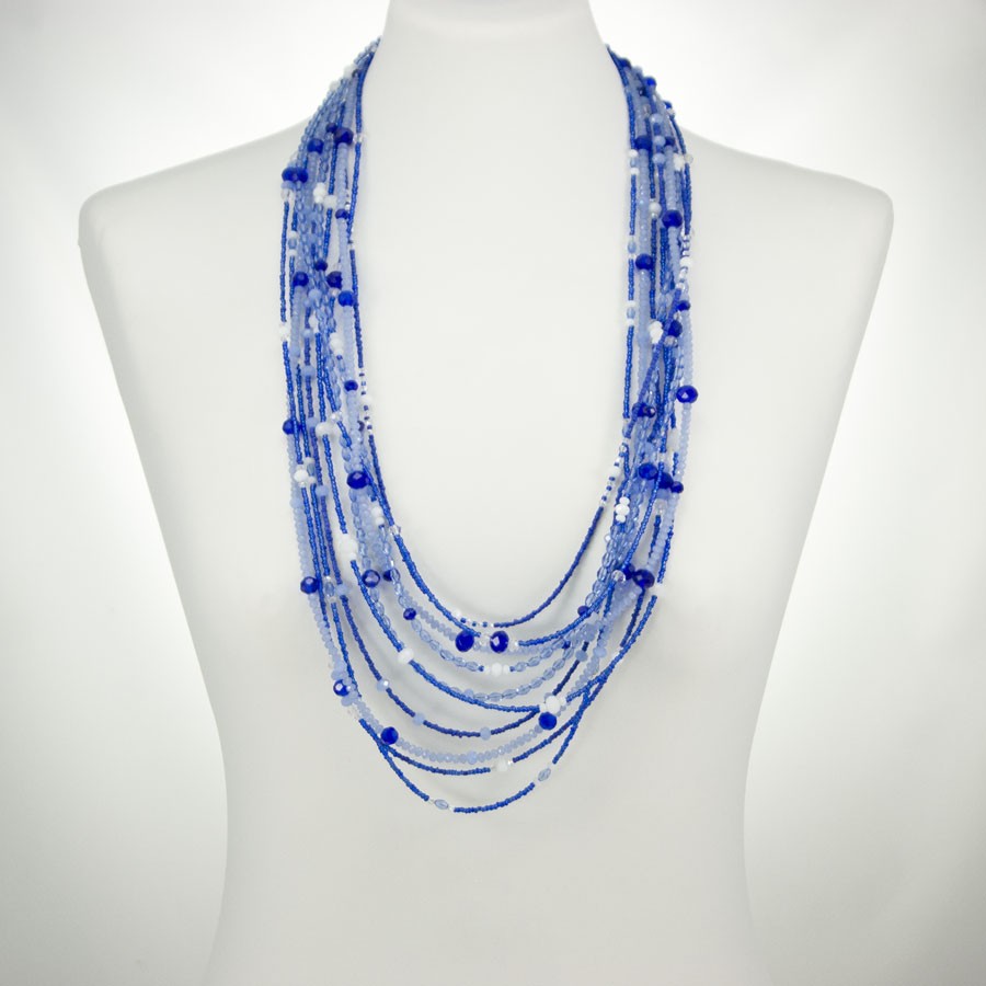 Collana SOPHIA i colori .005,  dieci fili di cristalli  varie dimensioni e toni azzurro blu,  turchese e bianco.