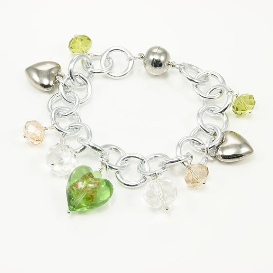 Bracciale AMORE .005 Maglie, cuori resina verde e metallo e cristalli.