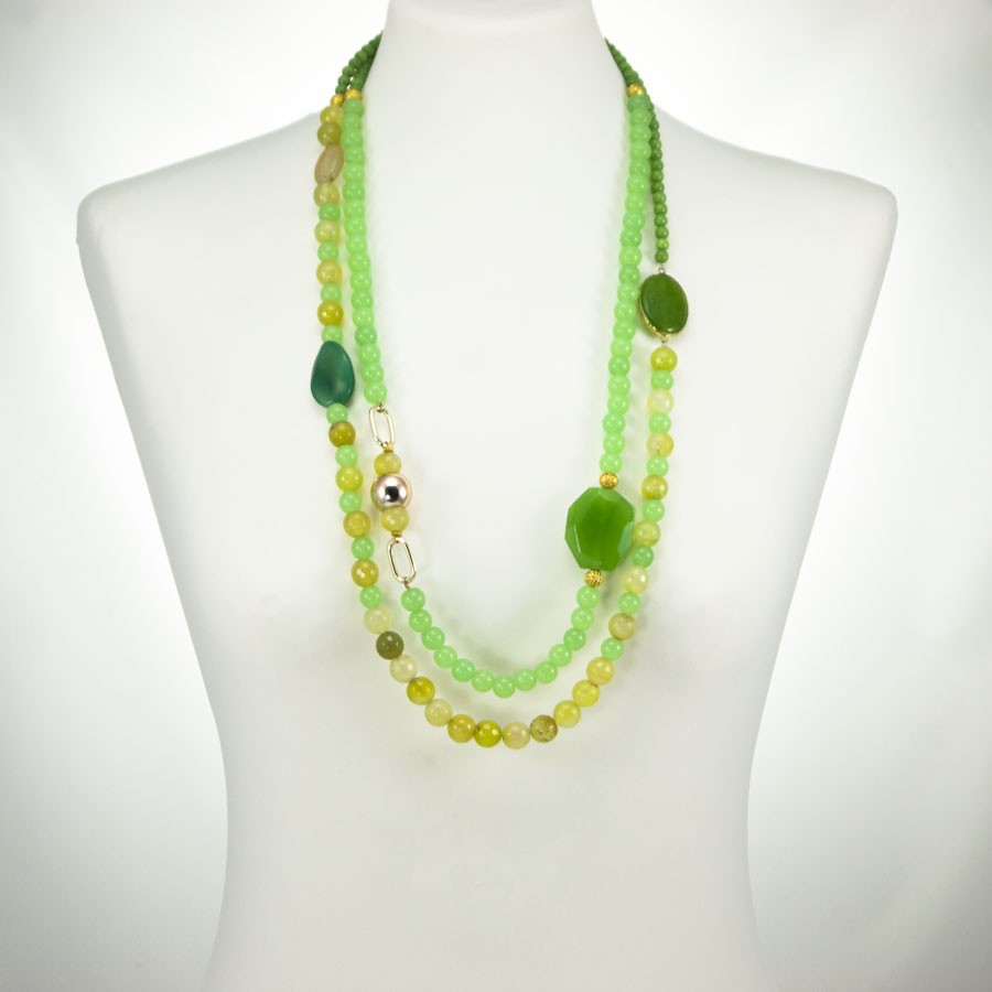 Collana SOPHIA i colori .002,  due fili di perle avventurina, agata verde, cristalli.