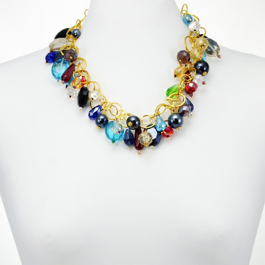 Collana I CRISTALLI .099,  OUTLET anelli dorati varie misure con cristalli multicolori e multiformi sospesi.