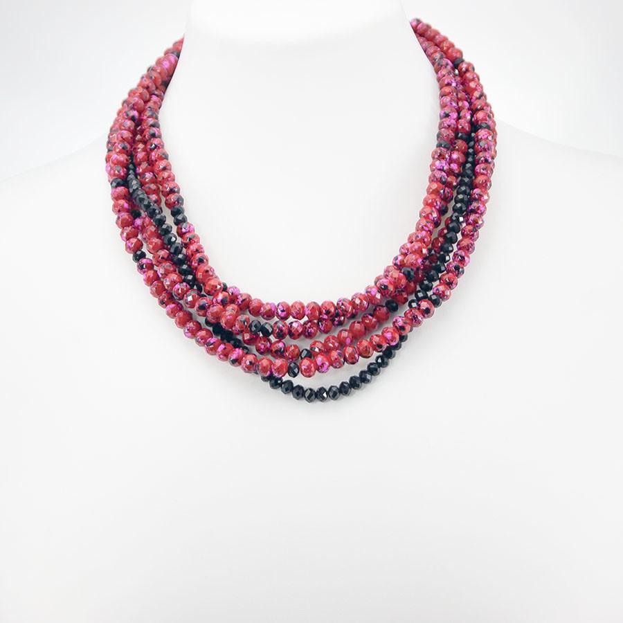 Collana I ROSSI .033 cinque fili di cristalli variegati rosso-fucsia-nero.